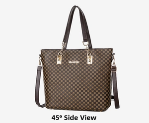 Detailed 45-degree side view of a brown patterned tote bag with golden hardware and straps