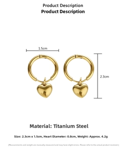 Detailed view of titanium steel gold heart hoop earrings with precise size measurements