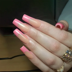 Pink French style press on nails with coffin shape and glossy finish for women