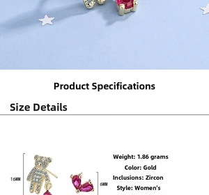 Detail showing asymmetric bear and heart earrings with dimensions and weight specs