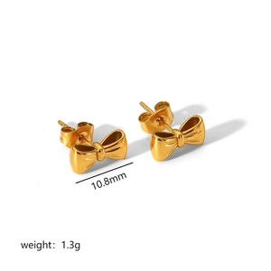 Golden bow stud earrings in 18k plated steel with 10.8mm size and 1.3g weight specs