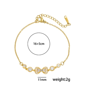 Adjustable gold plated bow knot bracelet with cubic zirconia in high-quality stainless steel