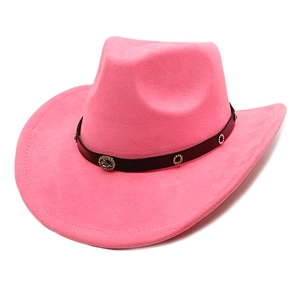 Rosa Cowboyhut aus Wildleder mit schwarzem Band, großem Edelstein und Glitzersteinen im Detail