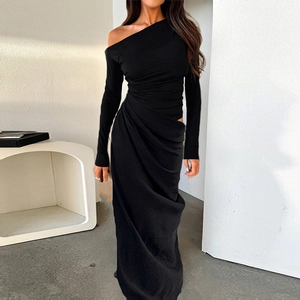 One Shoulder Maxi Dress Asymmetric Long Sleeve Cut Out Ruched Slim Fit Solid Color Elegant Sexy Party For Women