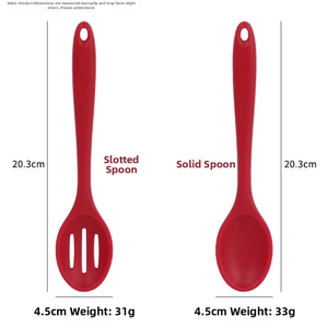 Detail of red silicone solid and slotted spoons showing dimensions and hanging hole
