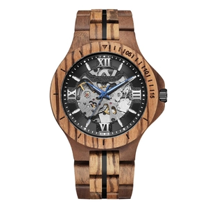 Men's automatic skeleton mechanical watch with natural wood grain band and blue metal hands
