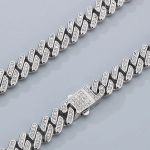 Hiphop silver stainless steel rhombic Cuban chain set with sparkling rhinestones