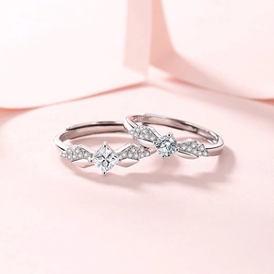S925 sterling silver angel wing open rings with cubic zirconia for couples