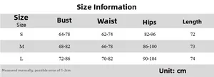 Detailed size chart for the backless ruffled jumpsuit showing measurements for S, M, and L