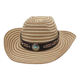 Close-up of woven straw cowboy hat with a brown band, silver studs and turquoise emblem