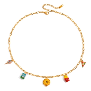 18k gold plated necklace with colorful enamel food pendants like fries and donuts