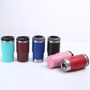 Multiple colors of 14oz stainless steel beer can coolers with Bluetooth speaker functionality