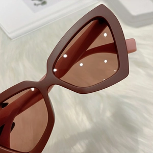 Macro view of vintage matte reddish-brown cat-eye sunglasses on soft plush surface