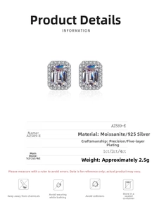 Detailed specs of S925 silver radiant emerald cut moissanite stud earrings with dimensions