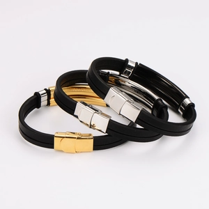 Men's double-layered leather bracelets with gold, silver, and black stainless steel clasps