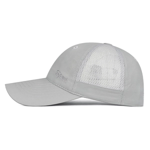 Grey breathable mesh sport cap with Sport embroidery and adjustable strap for sun protection