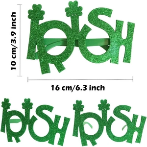 Detailed dimensions of green glitter St. Patrick's Day glasses with shamrock and Irish text
