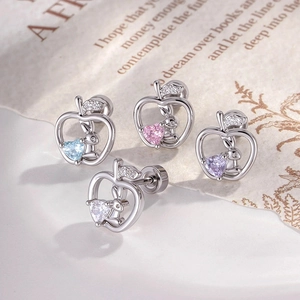 Cute apple-shaped rabbit stud earrings with heart-shaped colorful zircon gemstones