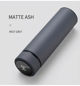 Detail of haze gray thermos flask with LED smart temperature display lid showing 56 degrees