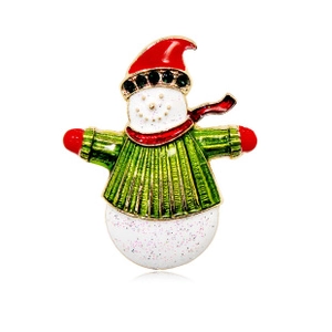 Close-up of a Christmas snowman brooch with red enamel hat and glittering white finish