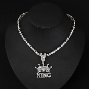 Silver iced out KING crown pendant with sparkling tennis chain for hip hop street style