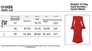 Detailed size chart for off-shoulder midi dress with sleeve length and bust measurements