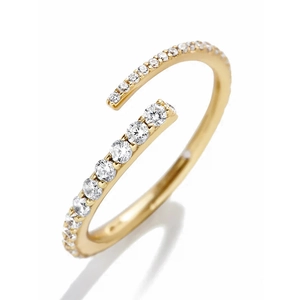 Close-up of gold open ring featuring a sparkling row of pavé-set round cubic zirconia