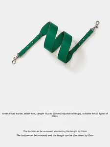 Detail of 4cm wide green leather bag strap with adjustable silver metal buckles