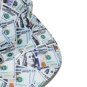 Macro shot of high-density fabric baseball cap featuring 100 dollar bill print detail