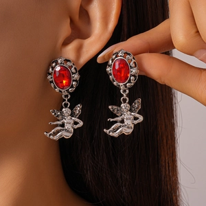 Vintage Angel Drop Earrings Red Rhinestone 925 Sterling Silver Earring Post Baroque Palace Style Jewelry For Women