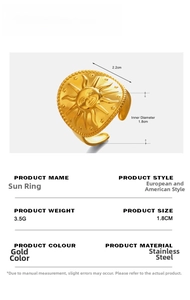 Detailed view of gold sun ring with measurements, stainless steel geometric jewelry