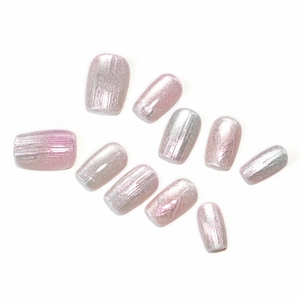 Pink and silver aurora cat-eye press-on nails with glitter texture and square oval shape