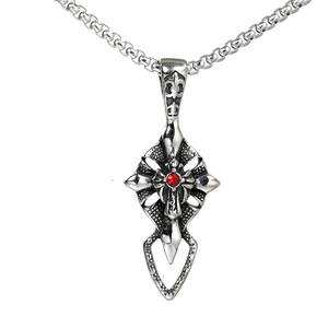 Gothic Cross Pendant Necklace With Wings Stainless Steel Red Rhinestone Vintage Fashion Statement Jewelry For Men