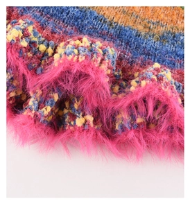 Detailed close-up of vibrant gradient knit fabric with soft faux fur texture