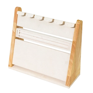 Wooden jewelry display stand with beige velvet for rings and necklaces exhibition
