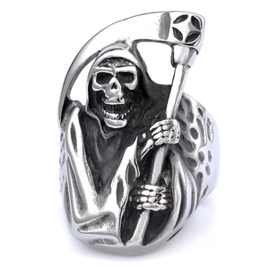 Gothic Grim Reaper silver stainless steel ring for men featuring scythe and skull details