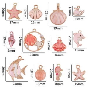 Pink enamel ocean charms in 12 styles like starfish and shells for DIY jewelry making