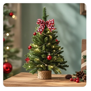 Mini green flocked Christmas tree with red bows, wooden base and warm LED lights