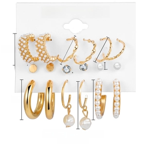 9-piece gold pearl and crystal earring set on display card with size measurements