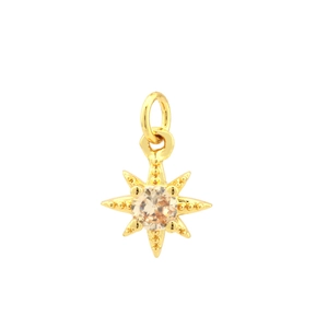Macro detail of 18K gold plated hexagonal star pendant with sparkling zircon stone inlay