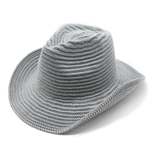 Detailed view of grey knitted cowboy hat showing horizontal weave texture and curved brim