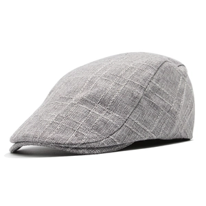 Light gray cotton linen newsboy cap with white stripes, breathable flat ivy hat for men