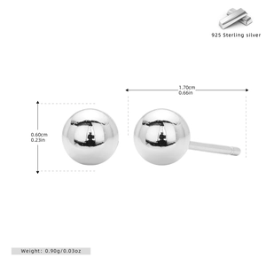Detailed view of 925 sterling silver ball stud earring with diameter and length metrics