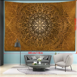 Golden mandala tapestry showing 300cm x 180cm dimensions on living room wall