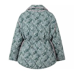 Green paisley quilted jacket for women with pink piping and adjustable drawstring waist