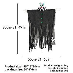 Hanging Halloween clown ghost with black gauze and white skeleton hands, size 55x80cm
