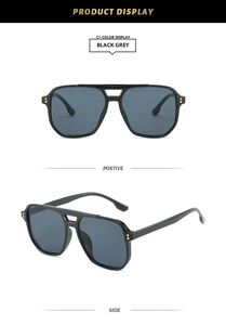 Detailed front and side views of black pilot sunglasses with gold rivet accents