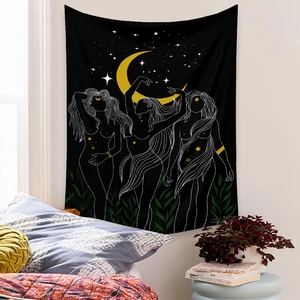 Mystical black tapestry with gold moon and stars for Bohemian bedroom wall decor