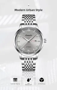 Macro detail of silver steel watch dial with Roman numerals and day-date display