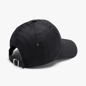 Quick-dry black perforated baseball cap with laser-cut holes and adjustable metal buckle